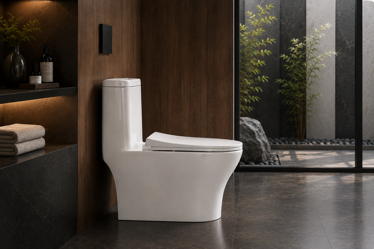 BBbidet V-shaped one-piece toilet side view in luxury bathroom