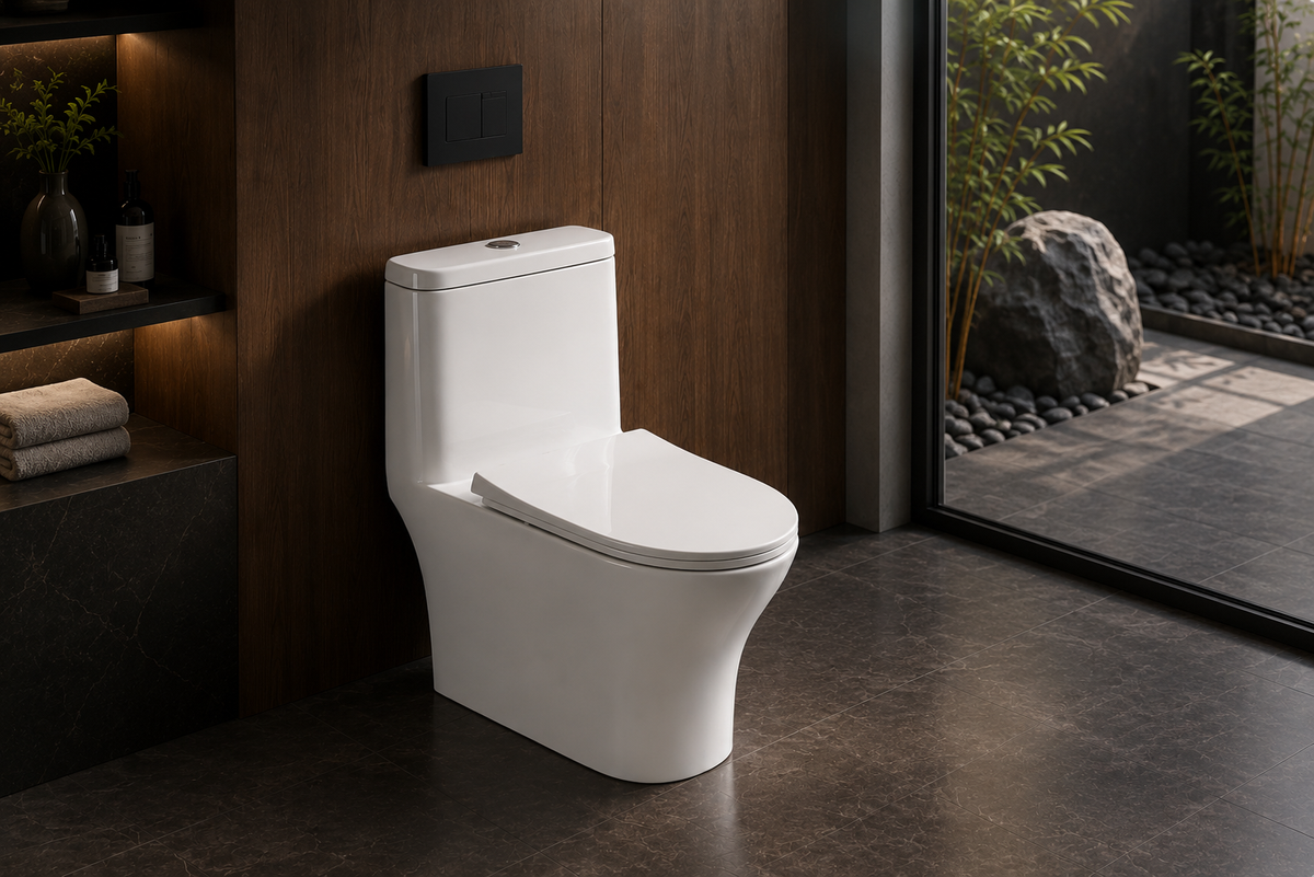 BBbidet V-shaped one-piece toilet three-quarter view in luxury bathroom