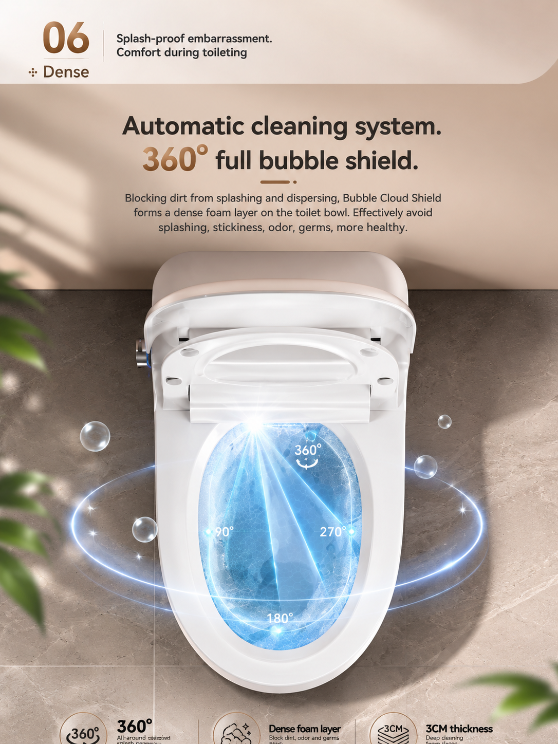 bbbidet V1 P-trap smart bidet toilet with built-in water tank, featuring automatic 360° full bubble shield with 3cm dense foam layer for anti-splash and odor isolation.