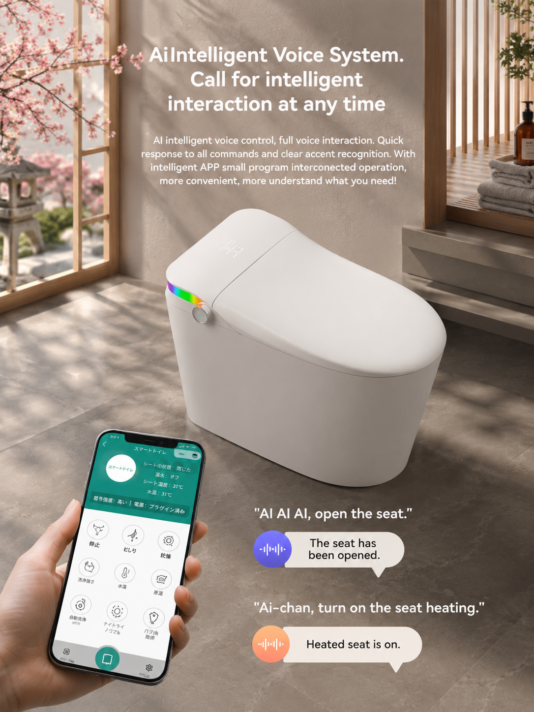 bbbidet V1 P-trap smart bidet toilet with built-in water tank, featuring AI intelligent voice control system and mobile app smart connectivity.