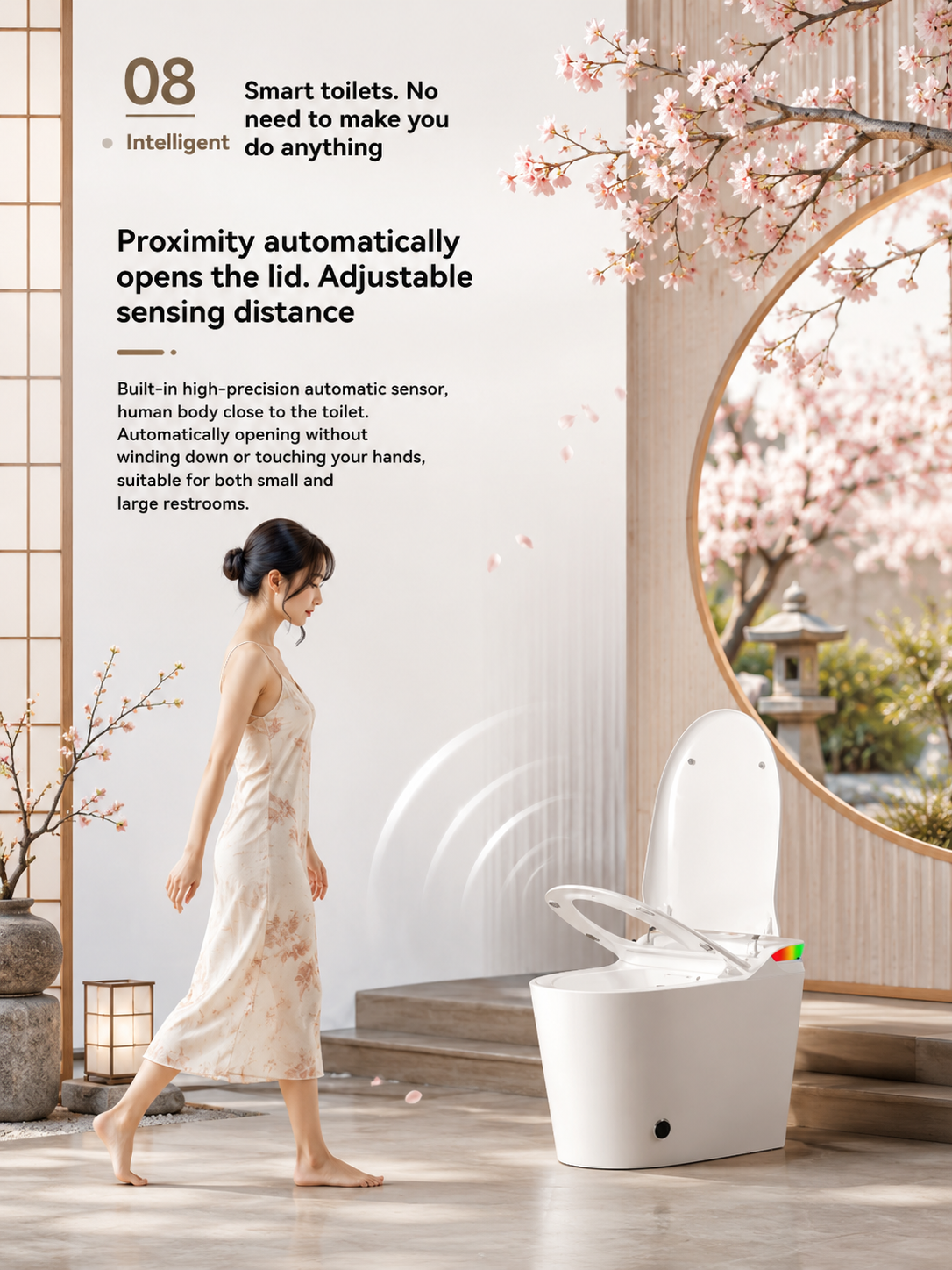 bbbidet V1 P-trap smart bidet toilet with built-in water tank, featuring automatic motion sensor for touchless proximity lid opening with adjustable sensing distance.