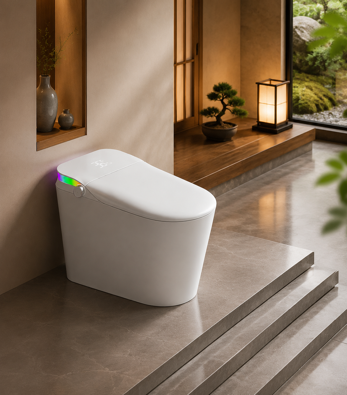 bbbidet V1 P-trap smart bidet toilet with built-in water tank in a zen style bathroom, featuring digital temperature display and ergonomic side knob.