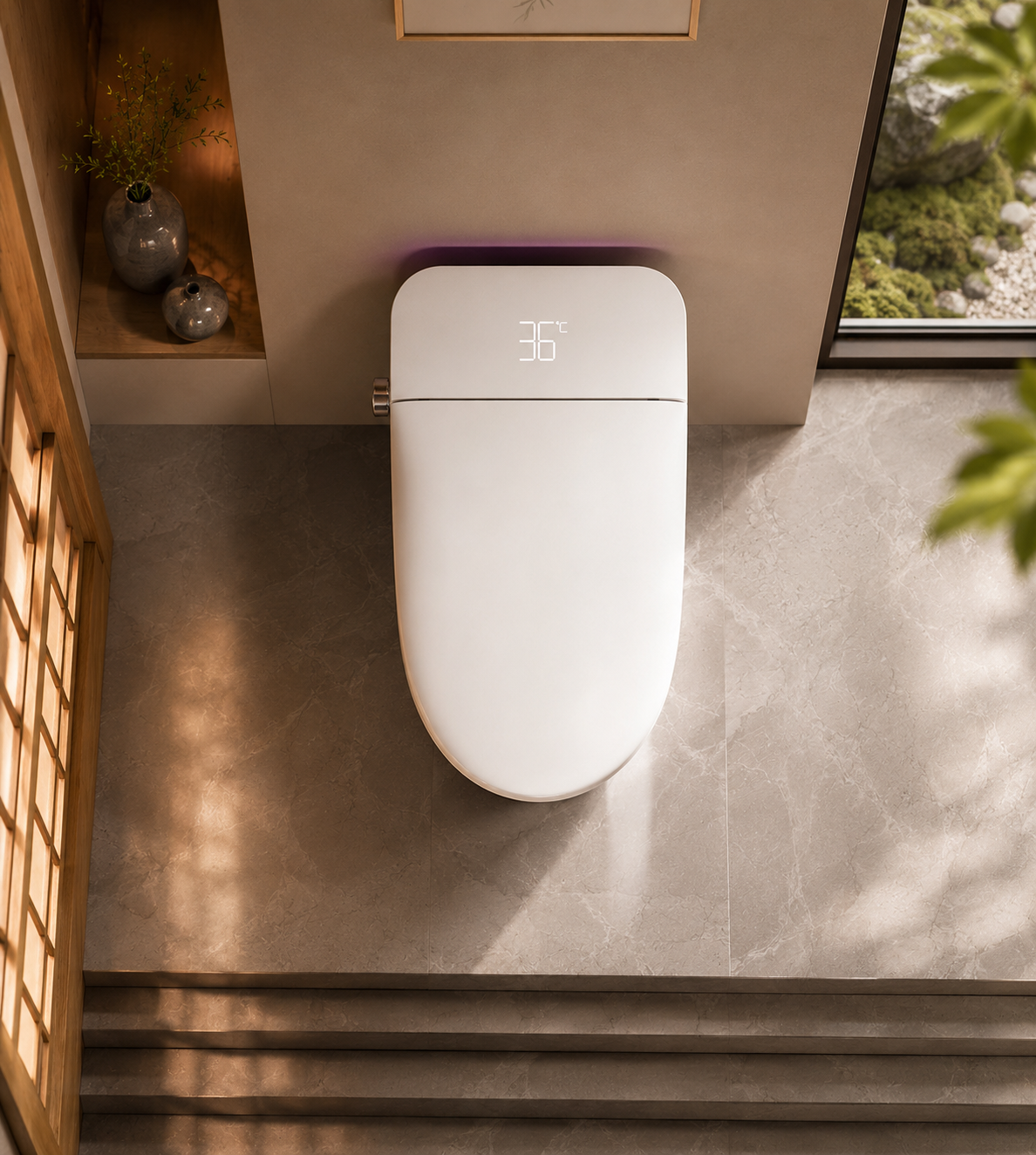 bbbidet V1 P-trap smart bidet toilet with built-in water tank in a modern bathroom, featuring sleek elongated seat design and clear digital temperature display.