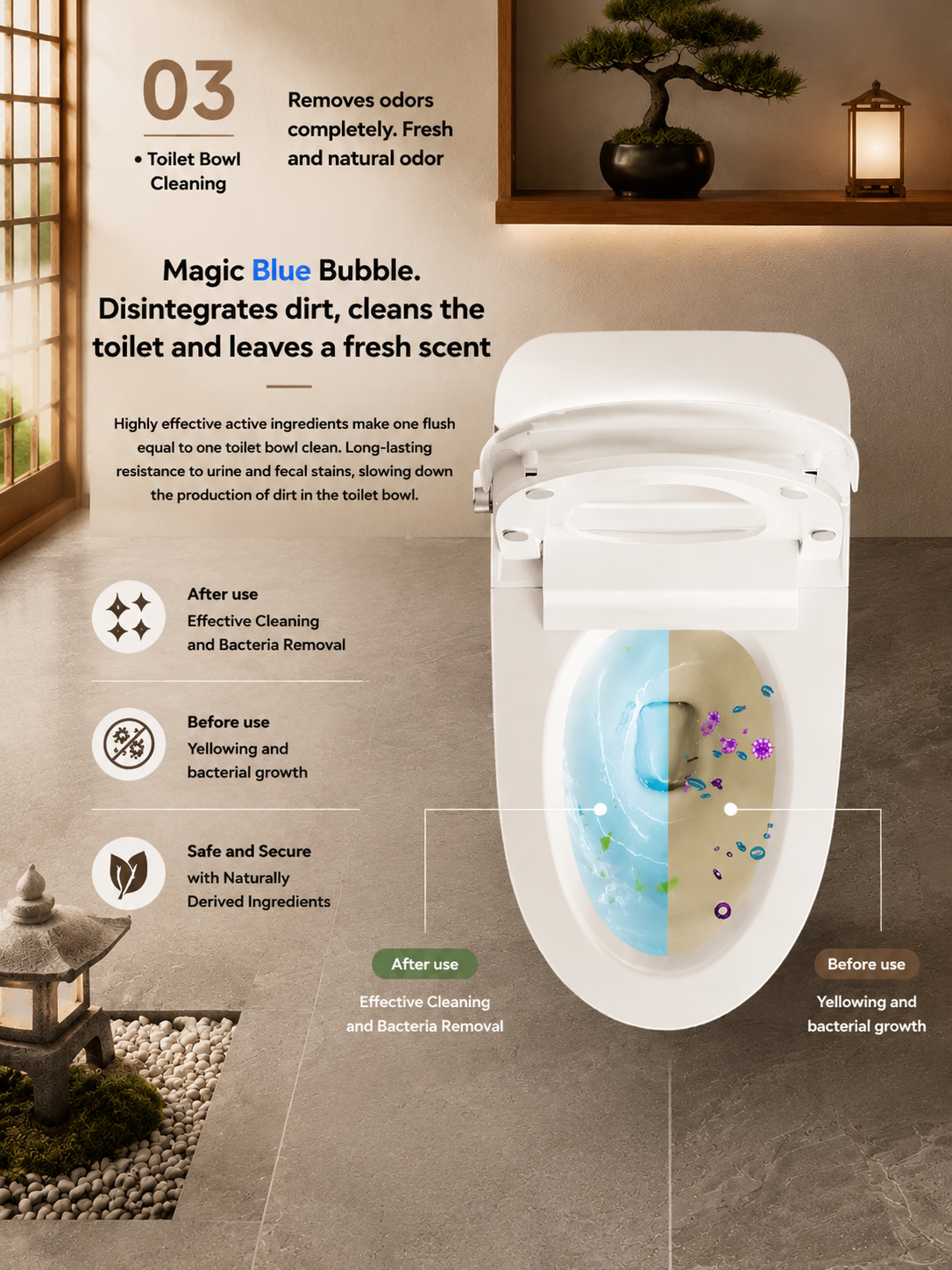 bbbidet V1 P-trap smart bidet toilet with built-in water tank, showing Magic Blue Bubble toilet bowl cleaning before and after comparison for bacteria removal and yellowing prevention.