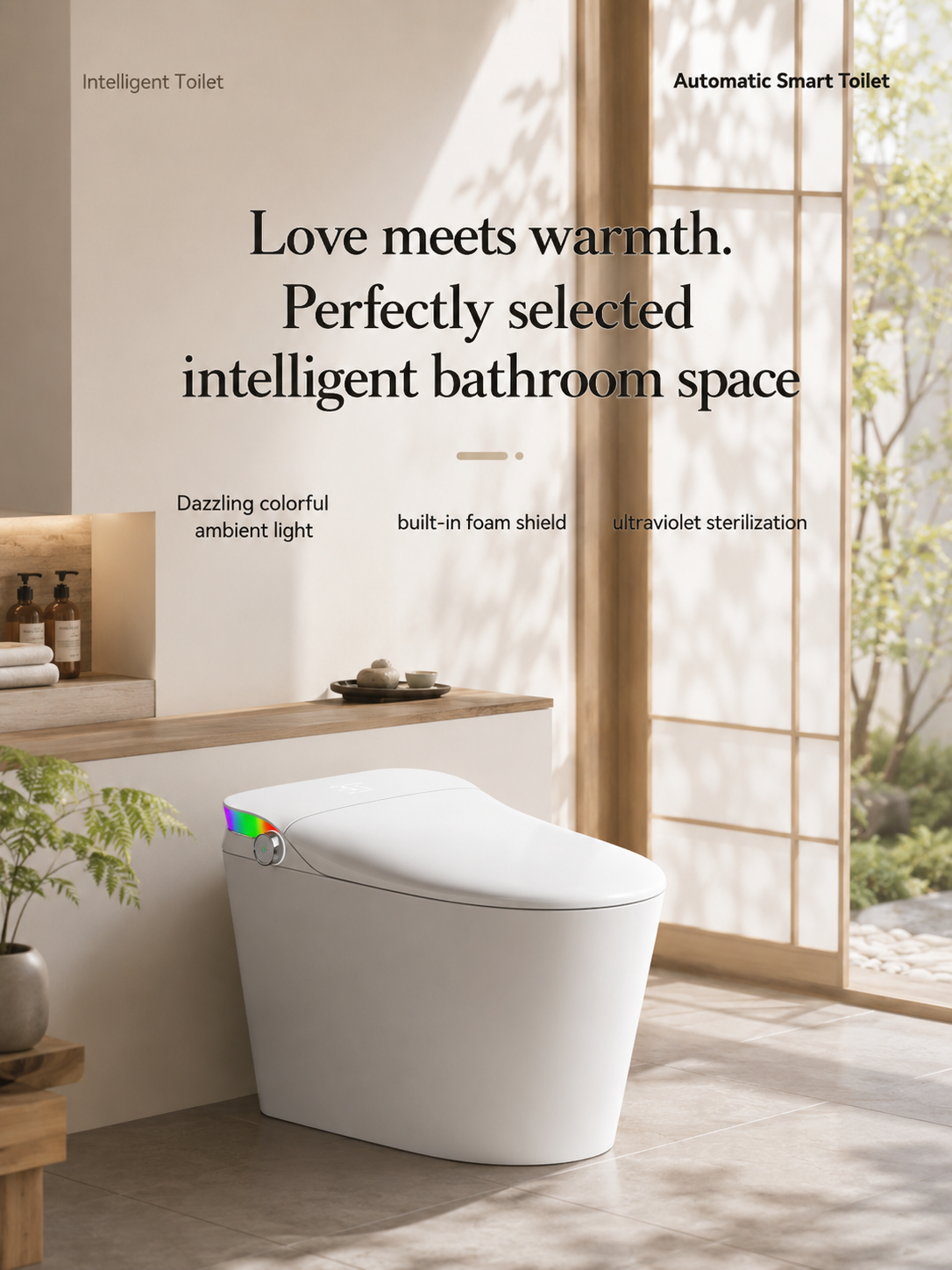 bbbidet V1 P-trap smart bidet toilet with built-in water tank, featuring dazzling colorful ambient light, built-in foam shield, and ultraviolet sterilization.
