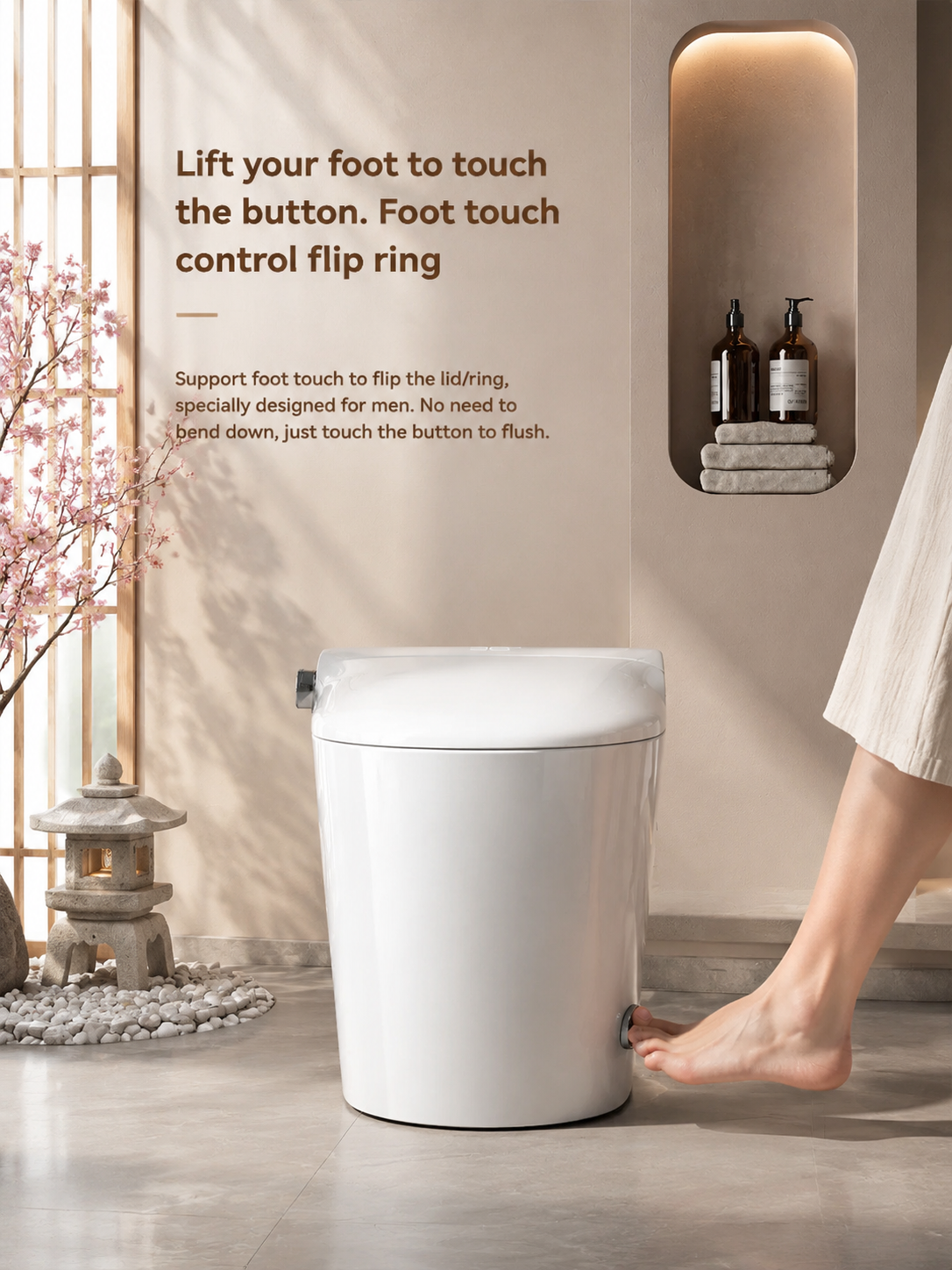 bbbidet V1 P-trap smart bidet toilet with built-in water tank, featuring foot touch control button for hands-free seat ring flipping and flushing.