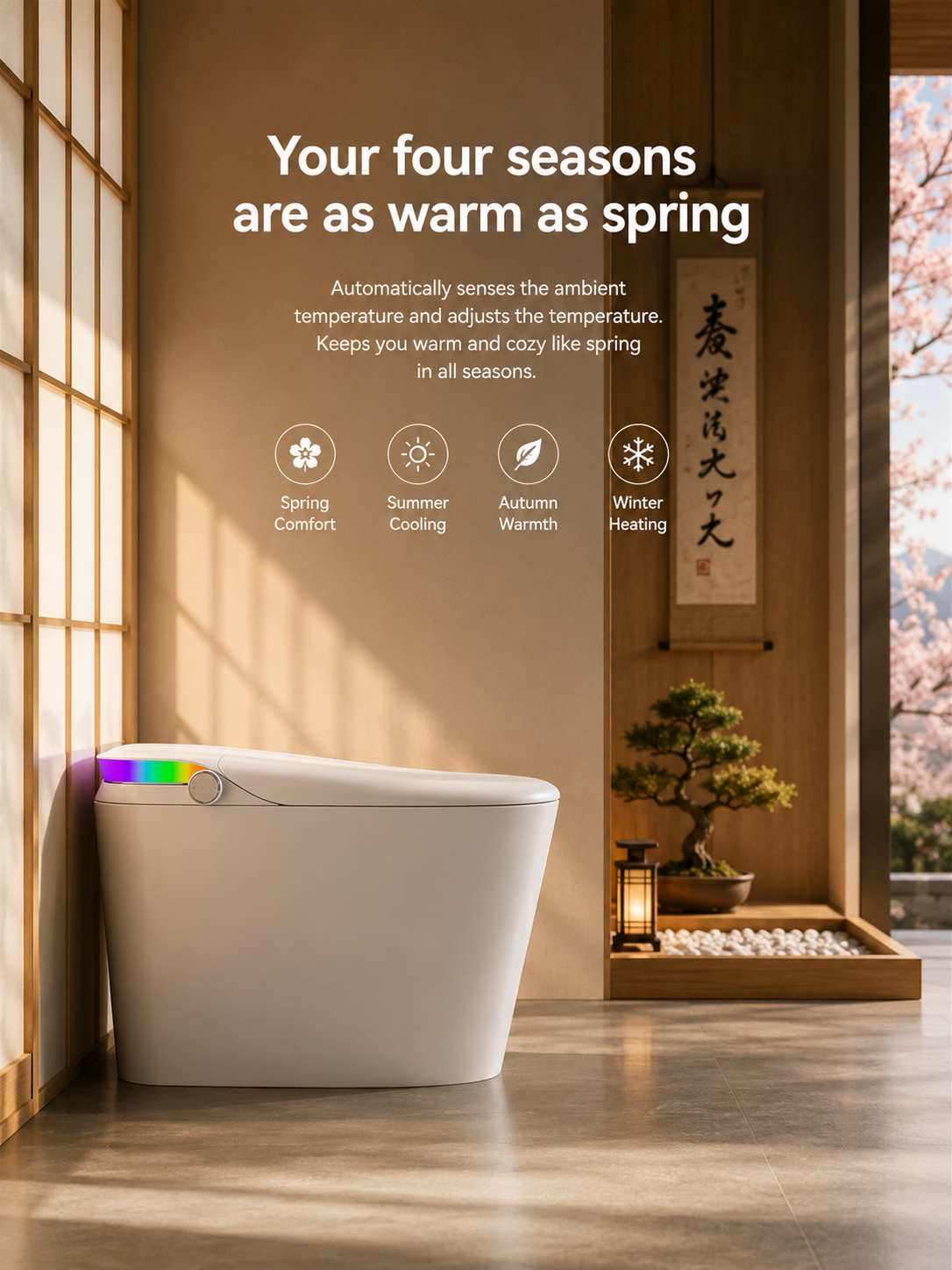 bbbidet V1 P-trap smart bidet toilet with built-in water tank, featuring automatic four-seasons temperature control for year-round seat and water warmth.