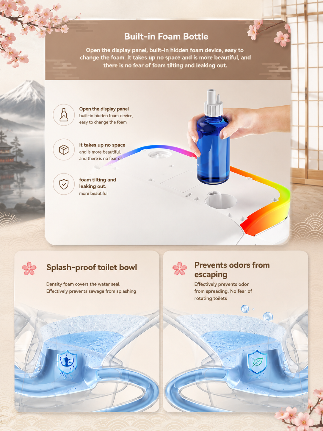 bbbidet V1 P-trap smart bidet toilet with built-in water tank, featuring hidden foam bottle design for easy refill, anti-splash water seal protection, and odor containment.