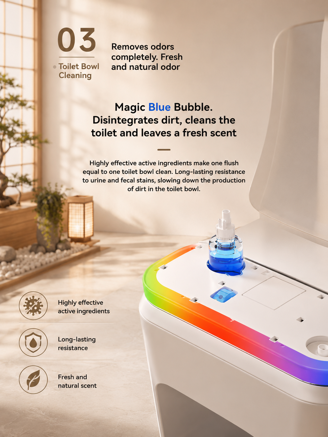 bbbidet V1 P-trap smart bidet toilet with built-in water tank, featuring Magic Blue Bubble toilet bowl cleaning system for odor removal and stain resistance.