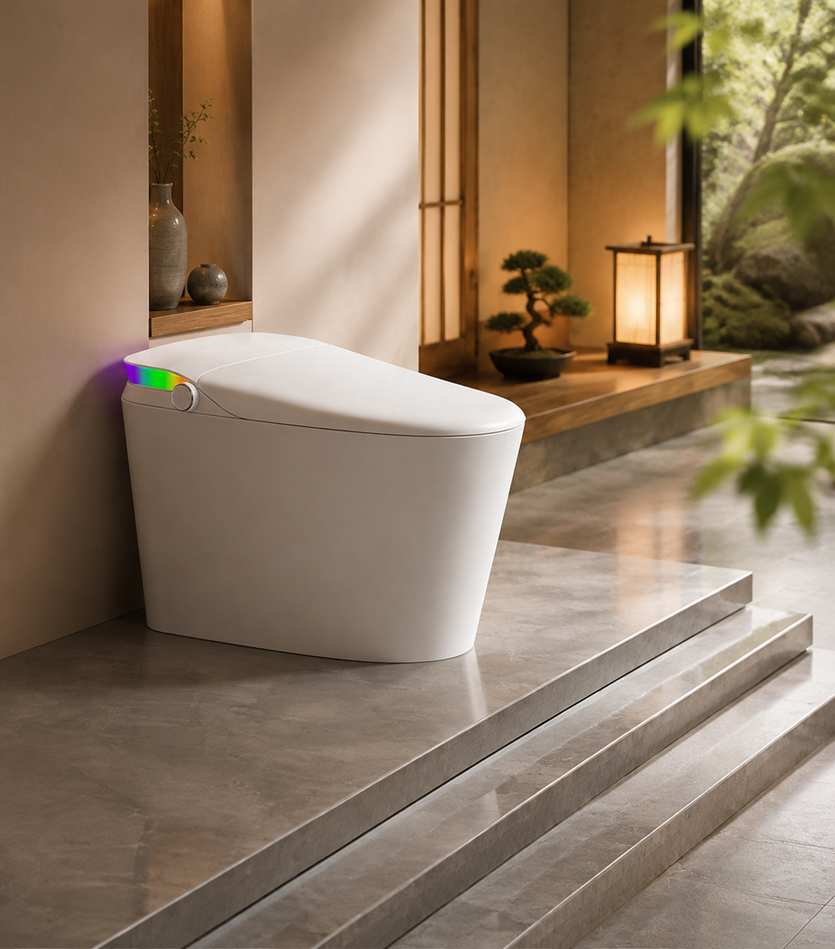 bbbidet V1 P-trap smart bidet toilet with built-in water tank, featuring a sleek tankless-look design in a modern japanese style bathroom.