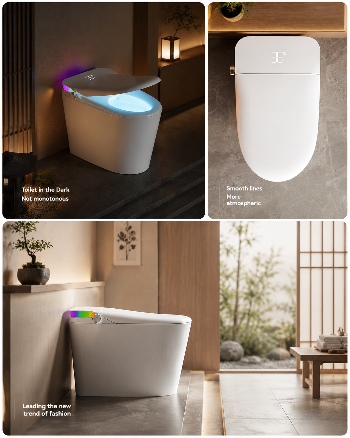bbbidet V1 P-trap smart bidet toilet with built-in water tank showing sleek smooth lines, digital temperature display, and colorful RGB night light in the dark.