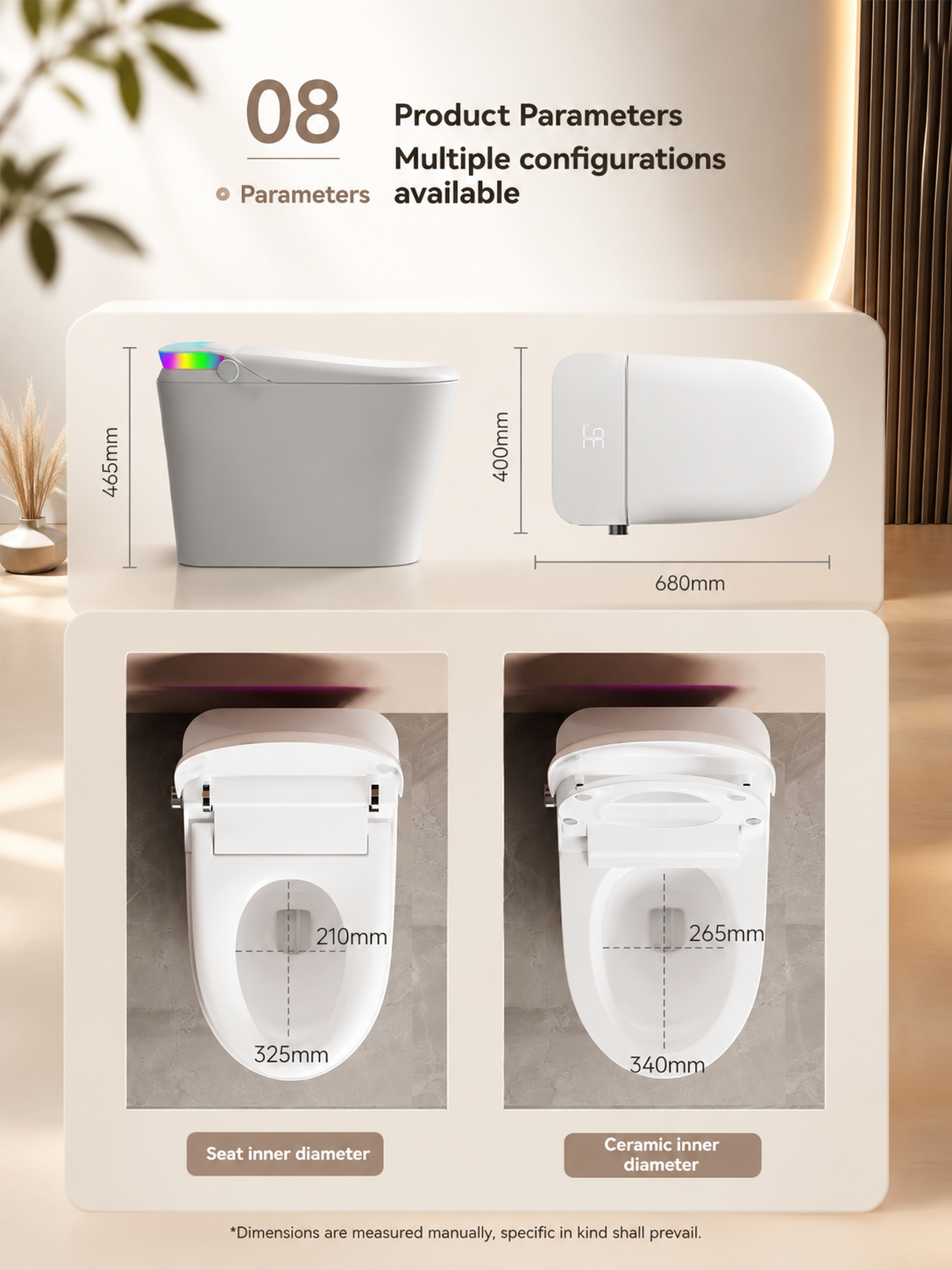 bbbidet V1 P-trap smart bidet toilet with built-in water tank dimension chart, showing 680x400x465mm overall specifications, seat inner diameter, and ceramic bowl size.
