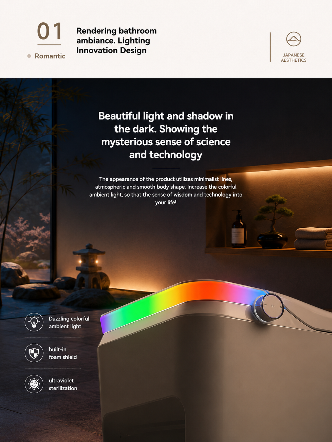 bbbidet V1 P-trap smart bidet toilet with built-in water tank featuring dazzling colorful RGB ambient light, built-in foam shield, and UV sterilization.