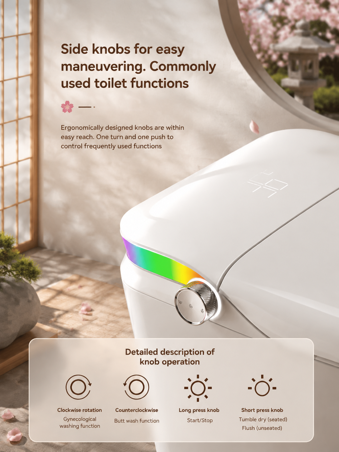 bbbidet V1 P-trap smart bidet toilet with built-in water tank, featuring ergonomic side knob control for bidet wash, feminine wash, drying, and flushing