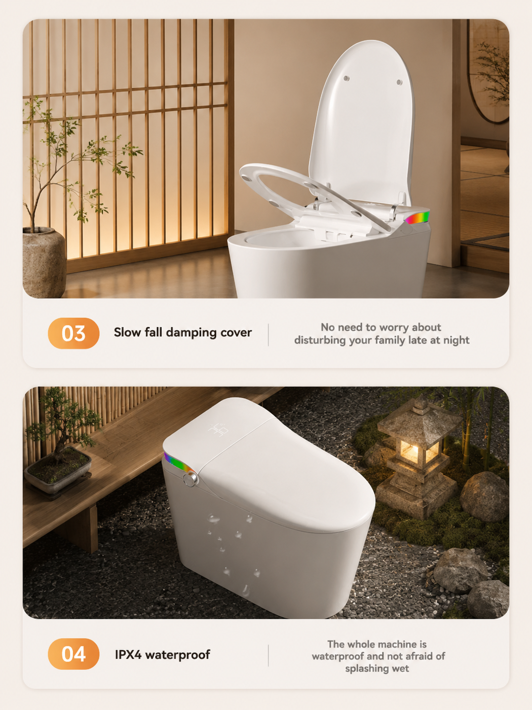 bbbidet V1 P-trap smart bidet toilet with built-in water tank, featuring a soft-close damping cover for quiet operation and IPX4 waterproof rating for splash protection