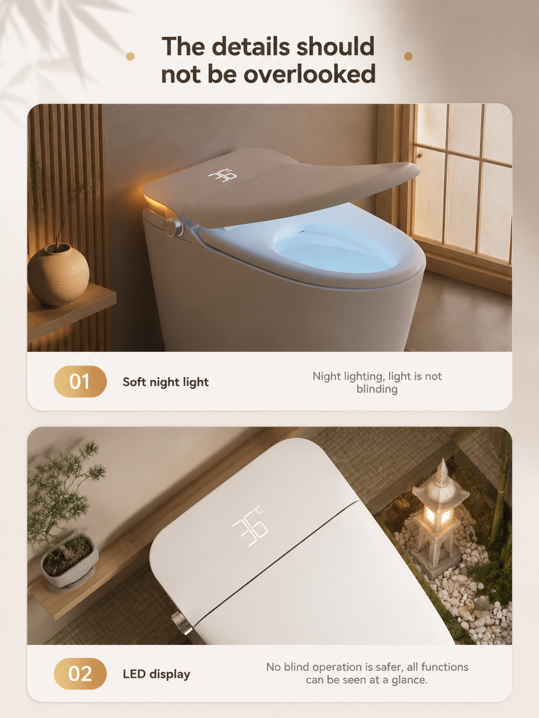 bbbidet V1 P-trap smart bidet toilet with built-in water tank details, showing soft ambient night light and real-time LED temperature display.