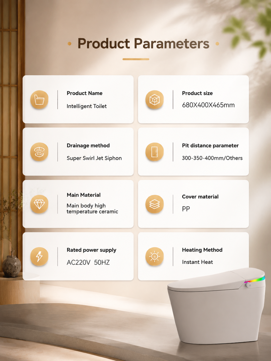 bbbidet V1 P-trap smart bidet toilet with built-in water tank technical specifications sheet, detailing dimensions, instant heating, high-temperature ceramic, and power supply.
