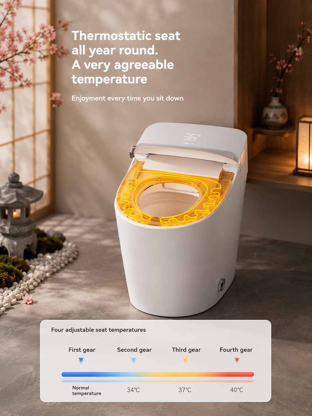 bbbidet V1 P-trap smart bidet toilet with built-in water tank, featuring a thermostatic heated seat with four adjustable temperature levels for year-round comfort.