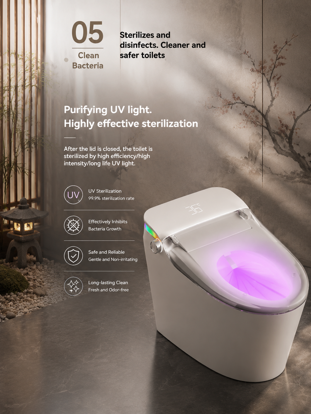 bbbidet V1 P-trap smart bidet toilet with built-in water tank, featuring automatic 99.9% UV light sterilization after lid closing for enhanced bowl hygiene.