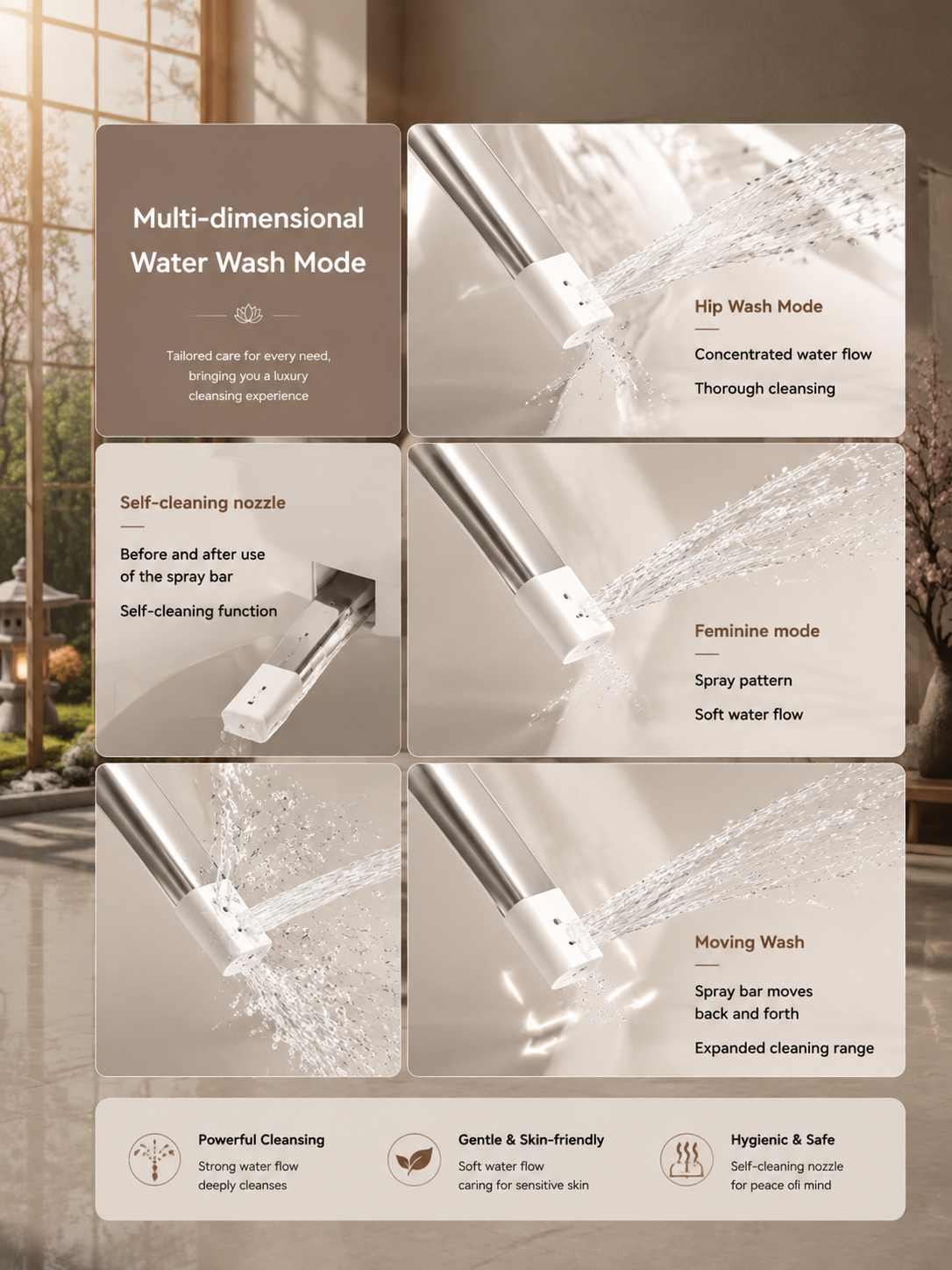 bbbidet V1 P-trap smart bidet toilet with built-in water tank, featuring hip wash, feminine wash, moving wash modes, and self-cleaning nozzle technology.