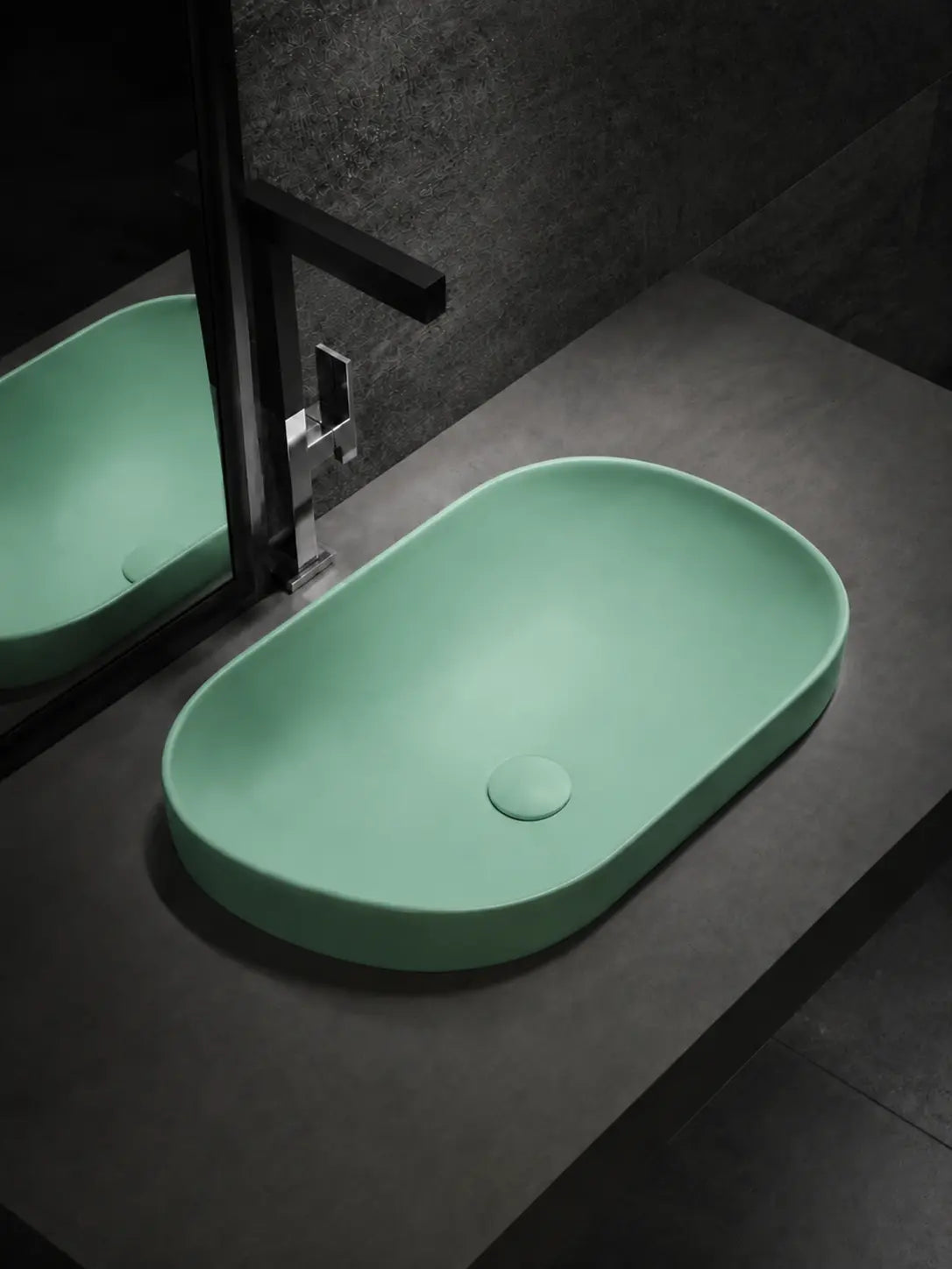 BBbidet V4 matte green semi-recessed basin from an alternate bathroom angle