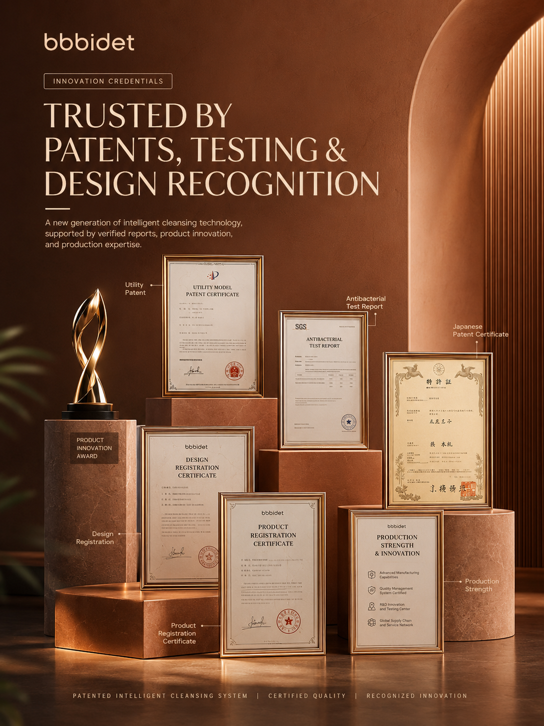 bbbidet K2 Pro smart enema bidet toilet quality certificates showcase featuring Japanese patent, SGS antibacterial testing, design registration, and utility patents