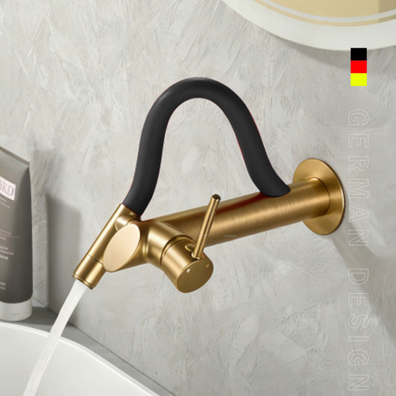 German design wall-mounted bathroom faucet in premium brushed gold with a stylish black flexible silicone neck, single lever handle, flowing water into a white basin