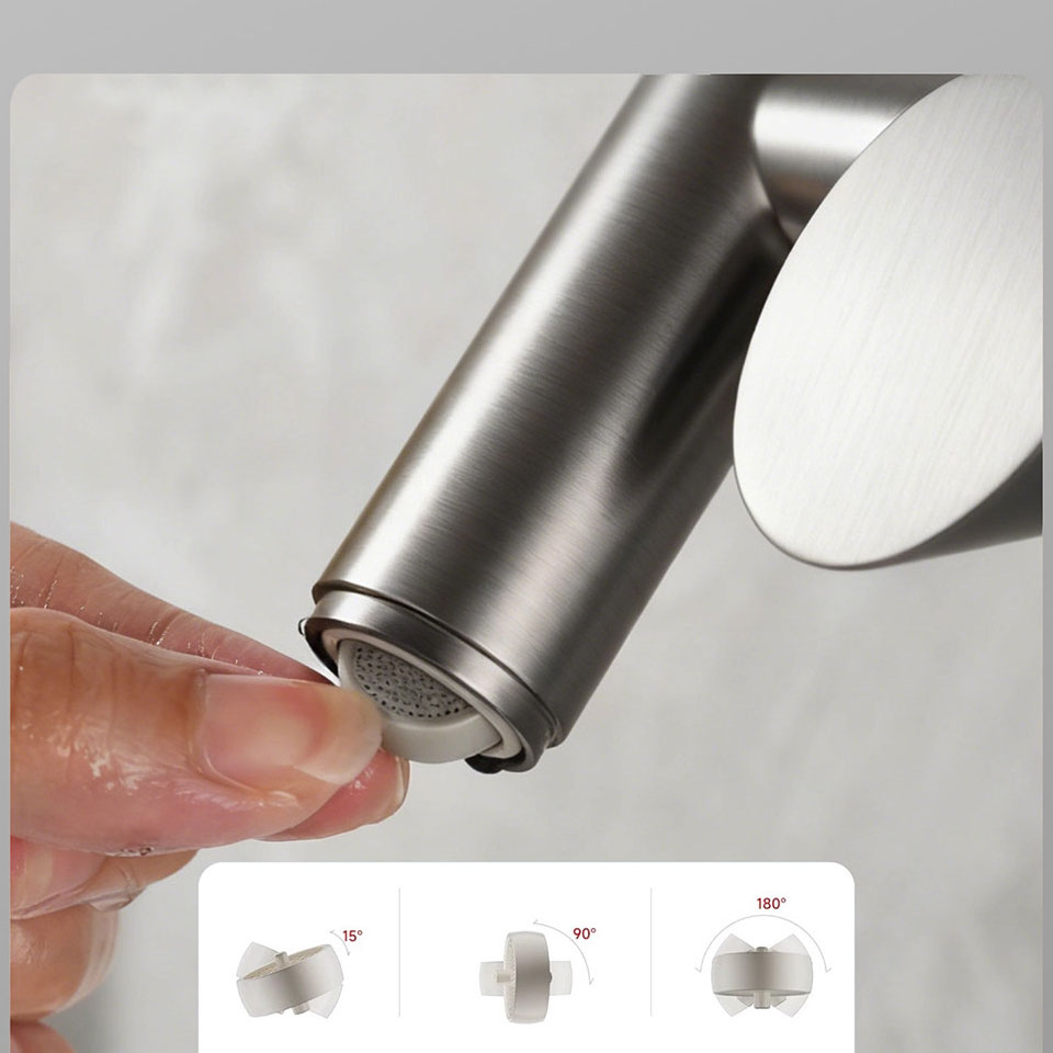 The faucet head is integrated with a premium swivel aerator that can be easily adjusted with a simple touch. It shapes the water into an incredibly soft, air-infused stream, drastically reducing splashes while allowing you to micro-adjust the water angle up to 180 degrees for seamless rinsing.