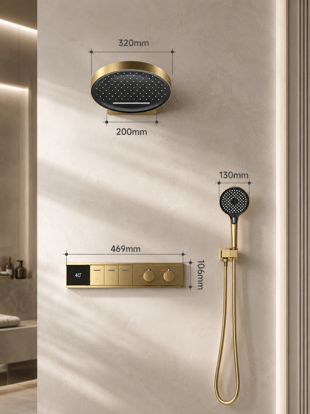 bbbidet Concealed Shower System with Digital Temperature Display - All-Brass Embedded Thermostatic Rainfall Shower Set with 4-Mode Handheld