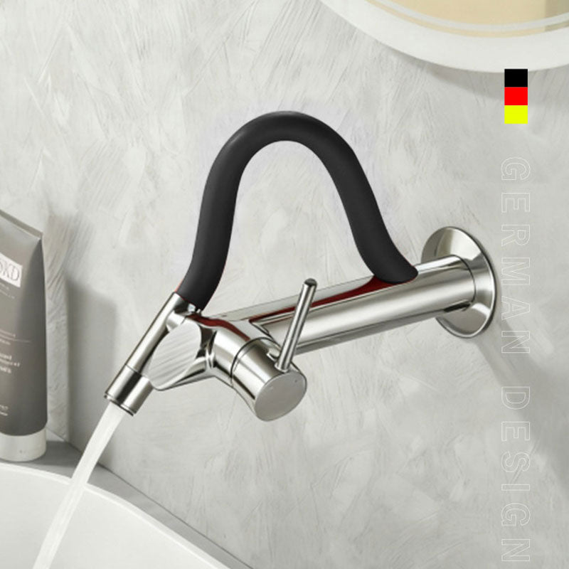 German design wall-mounted bathroom faucet in polished chrome with a stylish black flexible silicone neck, single lever handle, flowing water into a white basin