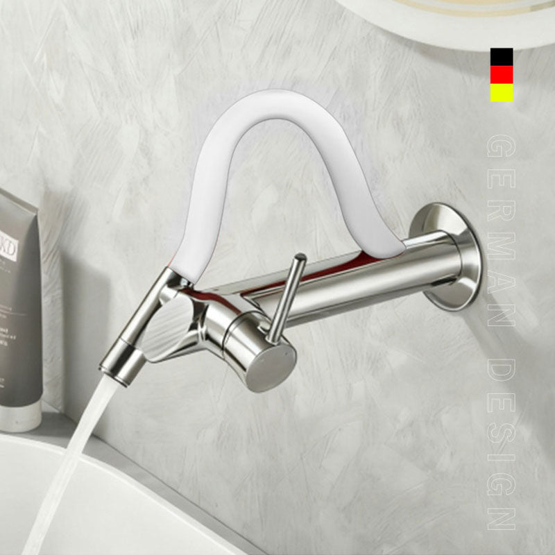 German design wall-mounted bathroom faucet in polished chrome with a modern white flexible silicone neck, single lever handle, flowing water into a white basin