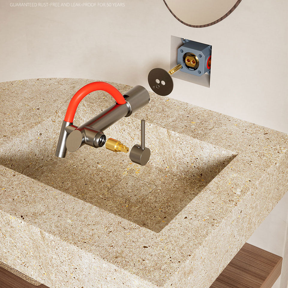 Our wall-mounted faucet features a heavy-duty concealed rough-in valve box and a premium solid brass cartridge engineered to perform flawlessly for decades. This smart design allows for easy external maintenance without damaging your tiles. We are so confident in our engineering that we guarantee it rust-free and leak-proof for 50 years