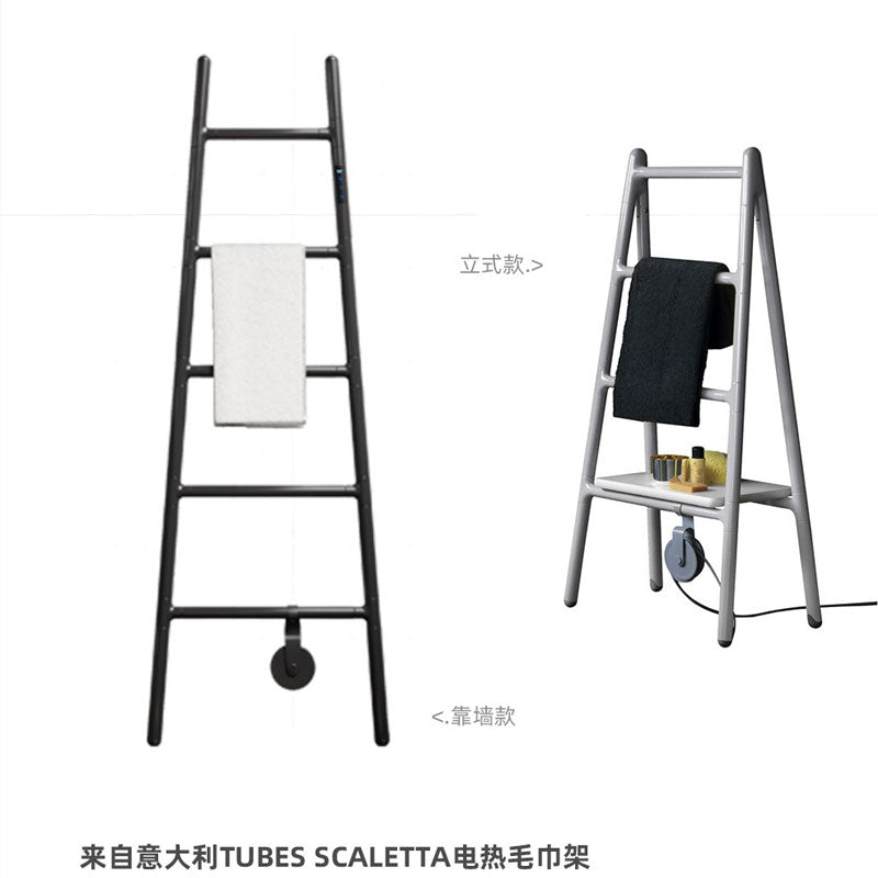 A side-by-side comparison infographic of two electric towel warmer styles: a sleek leaning ladder design on the left and a freestanding A-frame design with a built-in storage tray on the right.