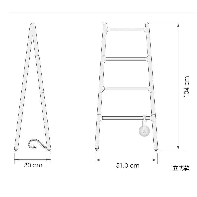 Technical dimension drawing and line art blueprint for the freestanding A-frame electric towel warmer Model 7047, detailing a height of 102.5cm, width of 48cm, and an open base depth of 37cm with a built-in shelf.