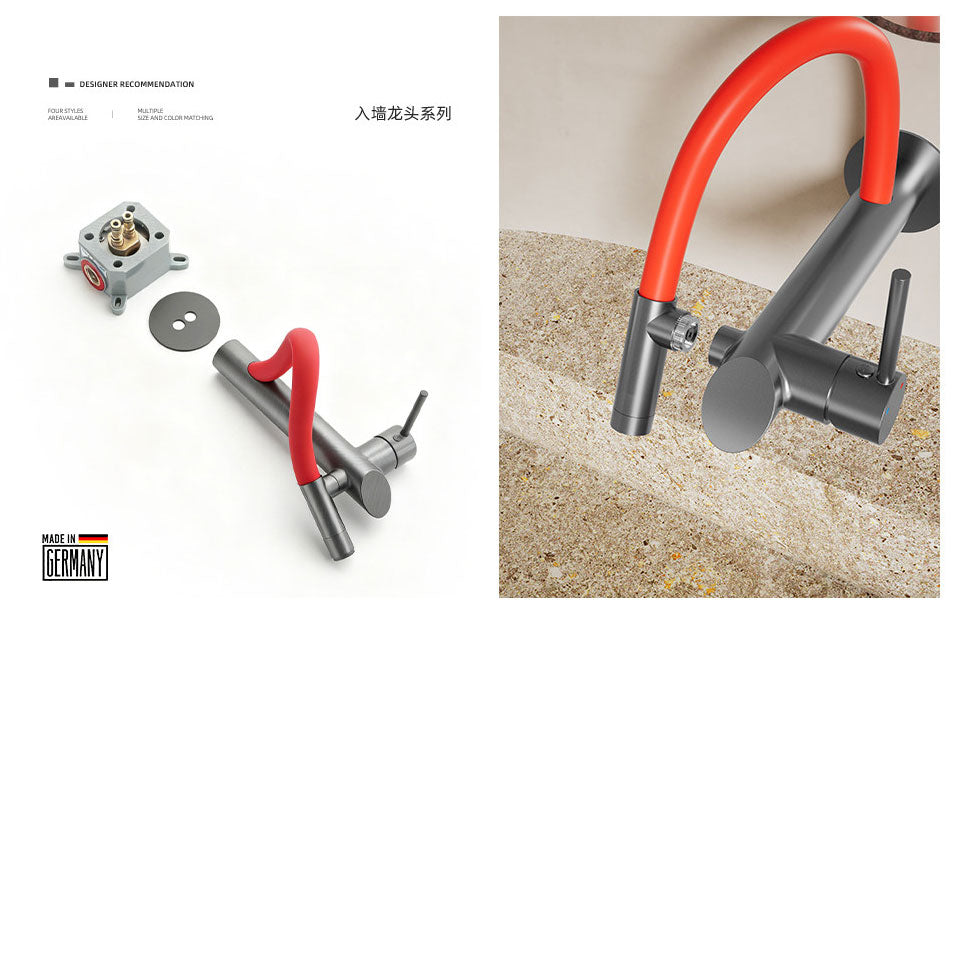 Product collage for a wall-mounted gunmetal grey faucet with a red neck, showing the concealed rough-in valve components on the left and a close-up lifestyle installation over a terrazzo sink on the right, featuring a "Made in Germany" seal.