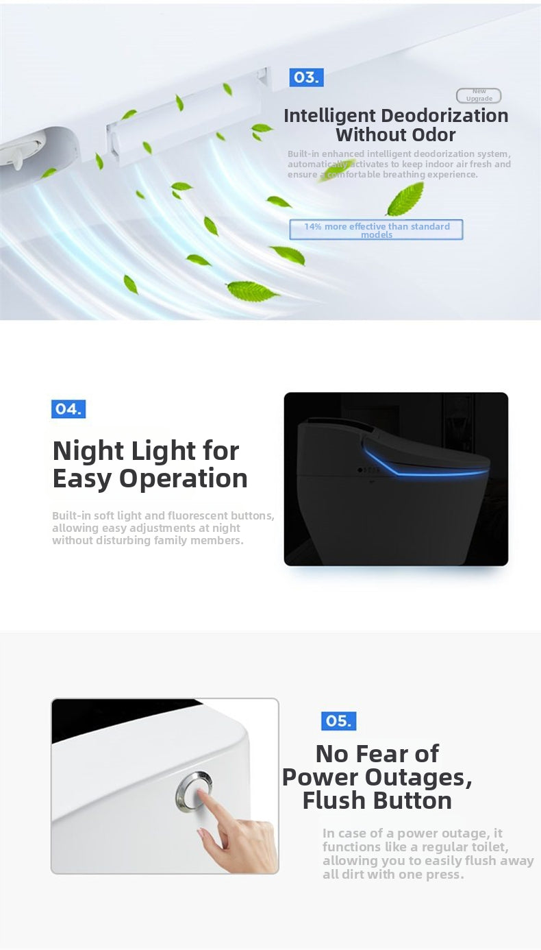 Thoughtful features of the H881 enema bidet toilet: including an advanced deodorization system for fresh air, a soft blue LED night light for safe midnight use, and a manual flush button for continued operation during power outages