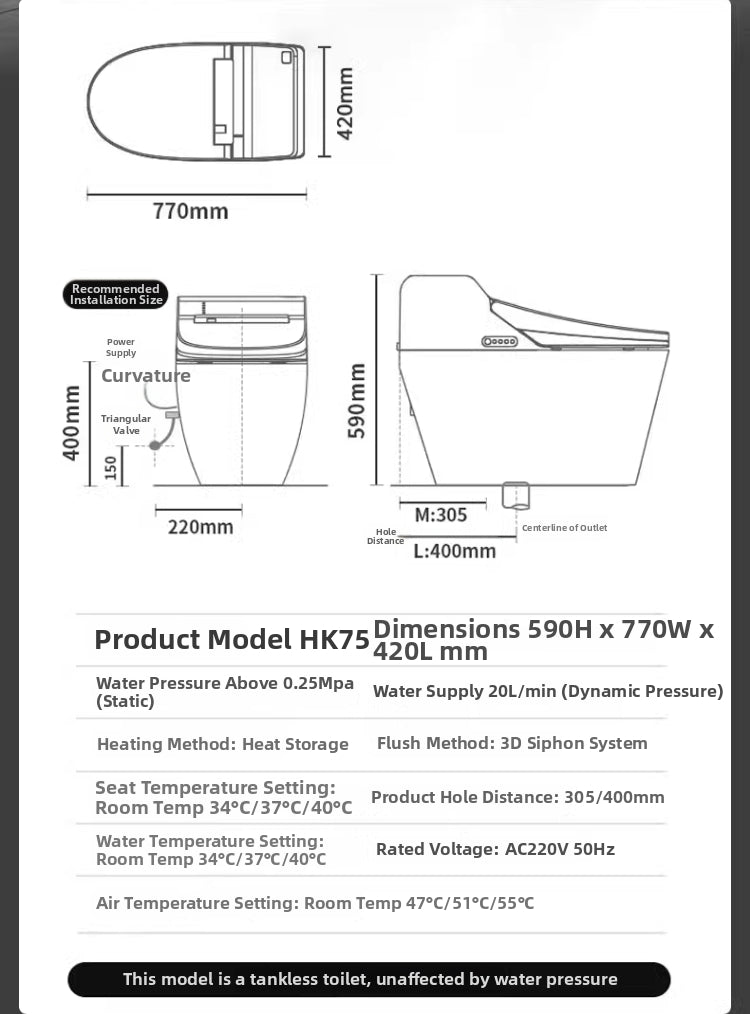 dimensions of the hk75 enema bidet toilet: 770mm length, 420mm width, and 590mm height. featuring a spacious, wide-seat design for maximum comfort and stability.