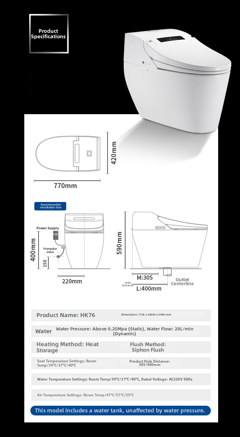 HK76 enenma bidet toilet Dimensions: 770mm Length, 420mm Width, 590mm Height. This intelligent floor-mounted toilet features specialized Japanese Enema Wash technology and a spacious design for ultimate bathroom comfort.
