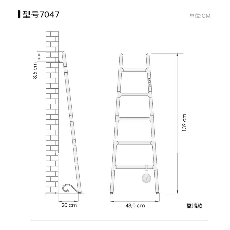 Technical dimension drawing and line art specification blueprint for the leaning ladder electric towel warmer Model 7047, detailing a height of 139cm, width of 48cm, and wall clearance of 20cm.