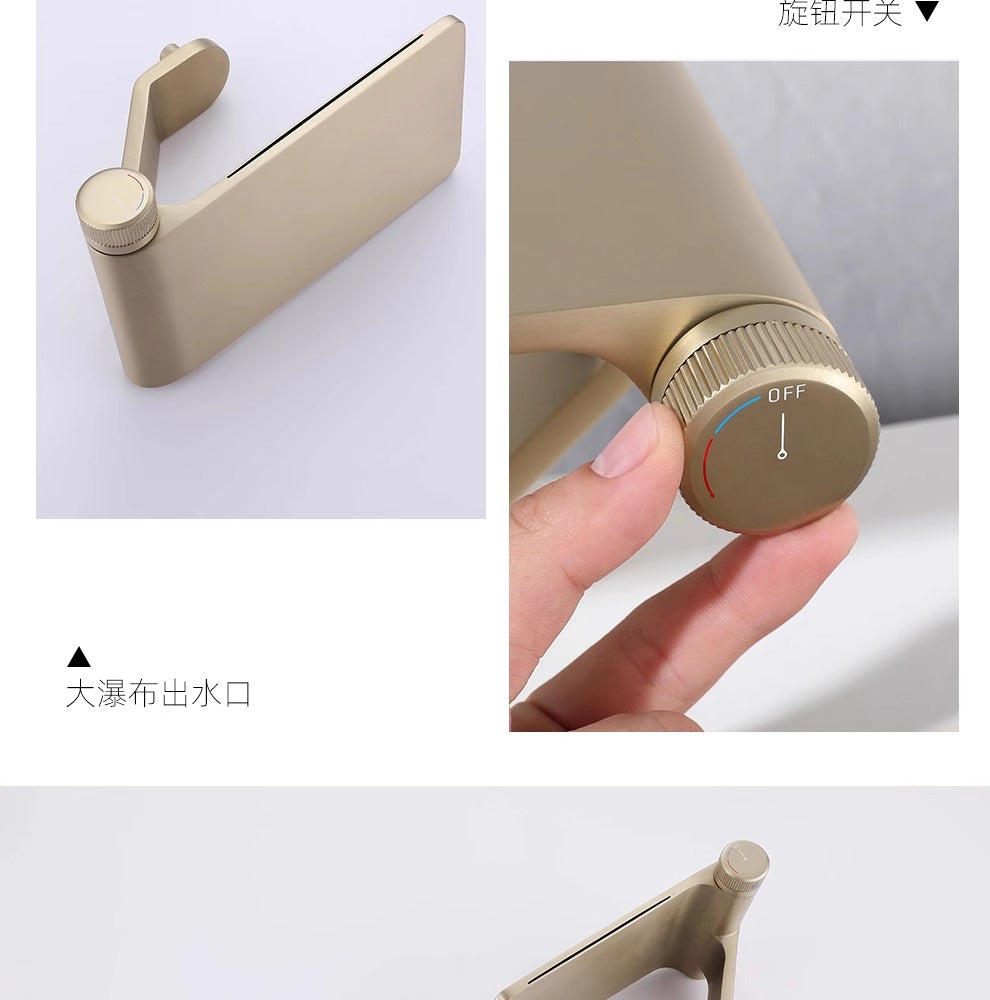 Close-up of Large Spout Waterfall Bathroom Tap with Knurled Temperature Handle