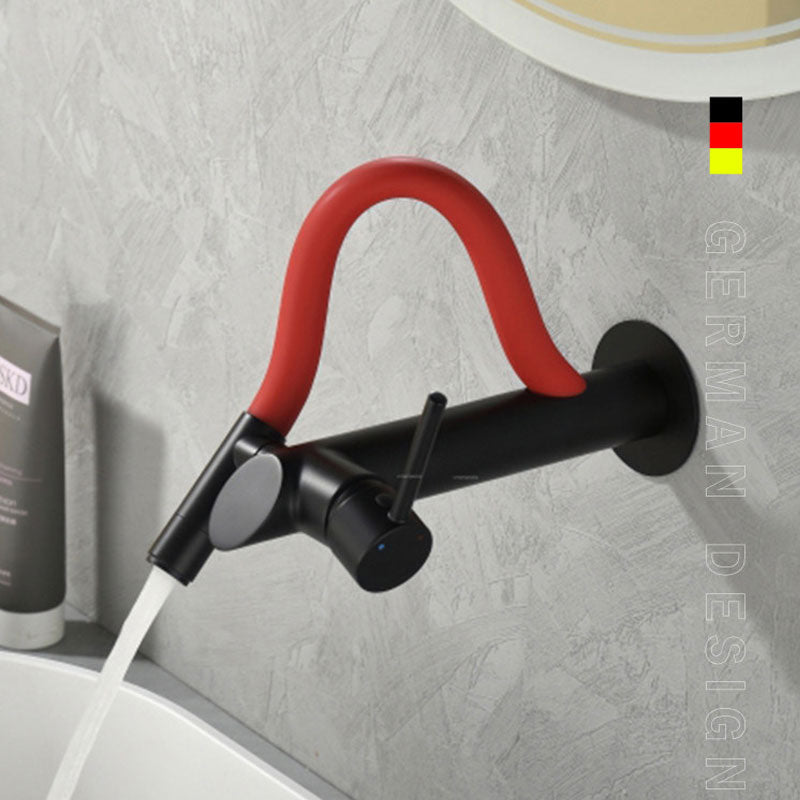 German design wall-mounted bathroom faucet in modern matte black featuring a vibrant red flexible silicone neck, single lever handle, flowing water into a white basin.