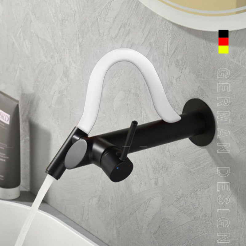 German design wall-mounted bathroom faucet in modern matte black with a sleek white flexible silicone neck, single lever handle, flowing water into a white basin.