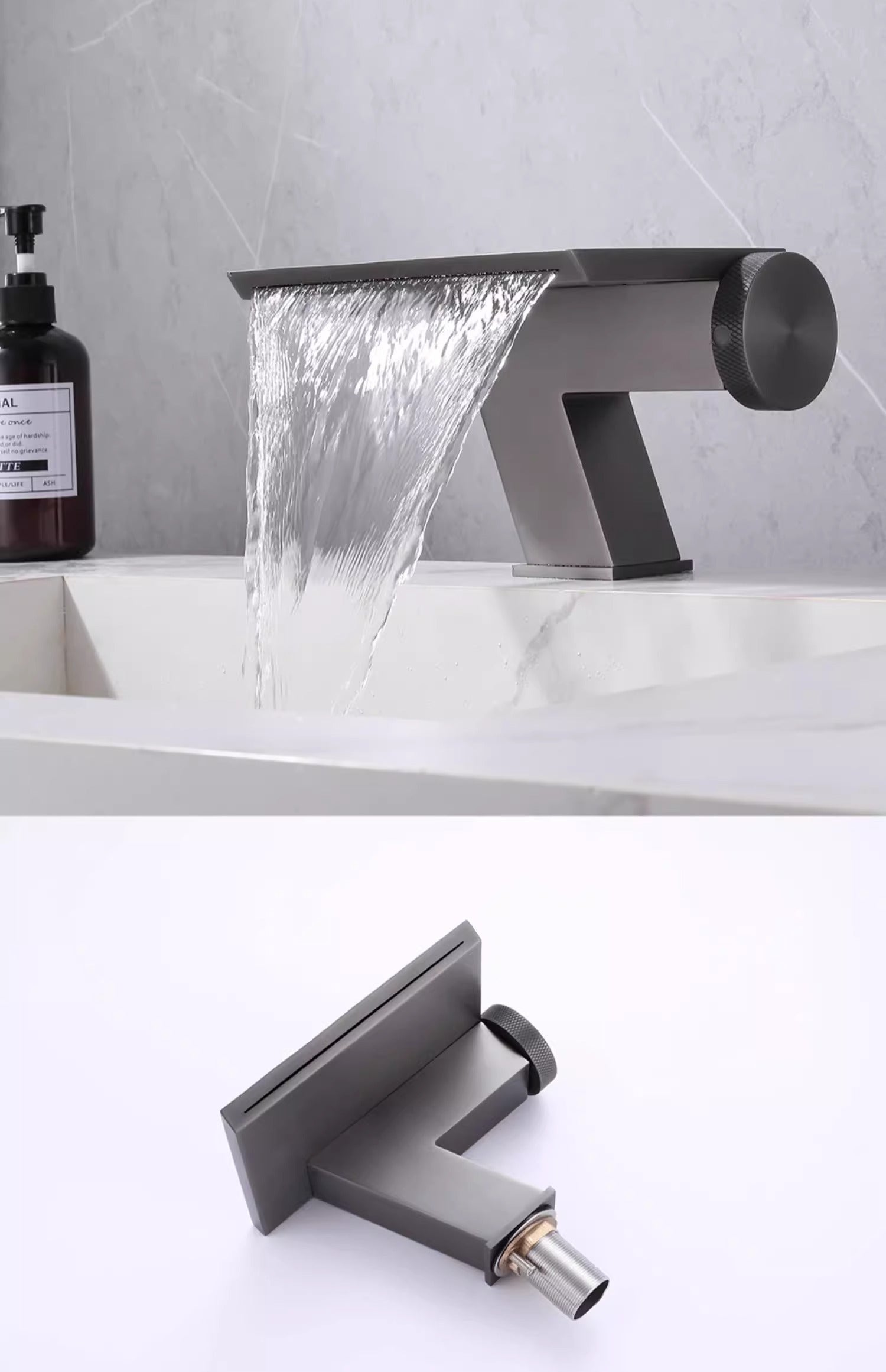 Modern Industrial Basin Faucet Model 222 in Gunmetal Grey - Installed Waterfall Effect and Product Unit