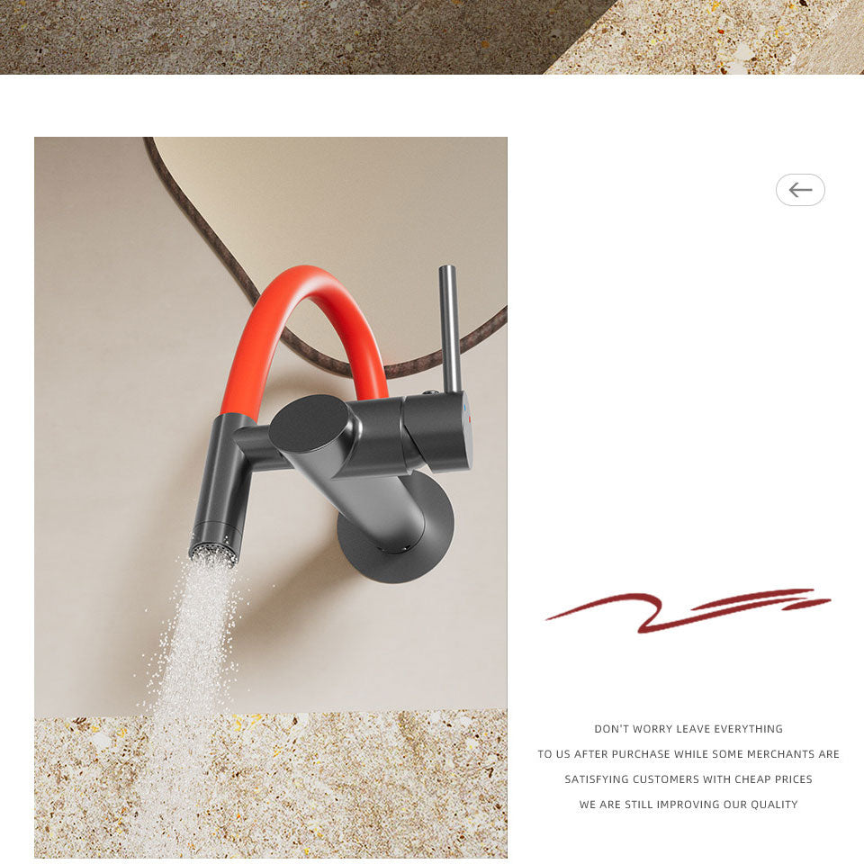 Product marketing banner featuring a bottom-up view of a gunmetal grey faucet releasing a dense shower spray stream, alongside a brand service message emphasizing high-quality commitment over cheap prices.