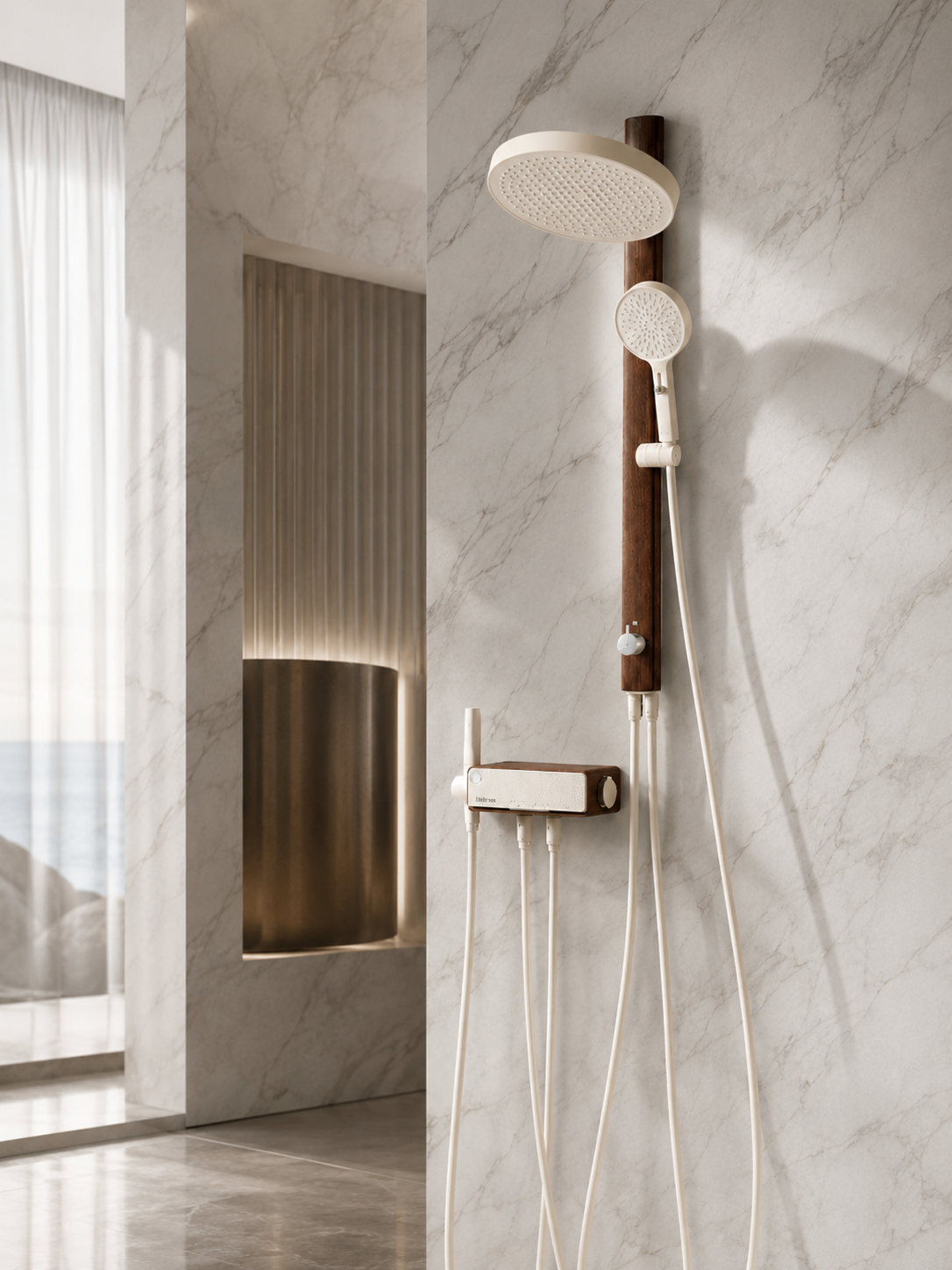 bbbidet Muse Retro Brass Shower System with Walnut Accent - Solid Brass Waterway Filtered Shower Combo with Rainfall Shower Head