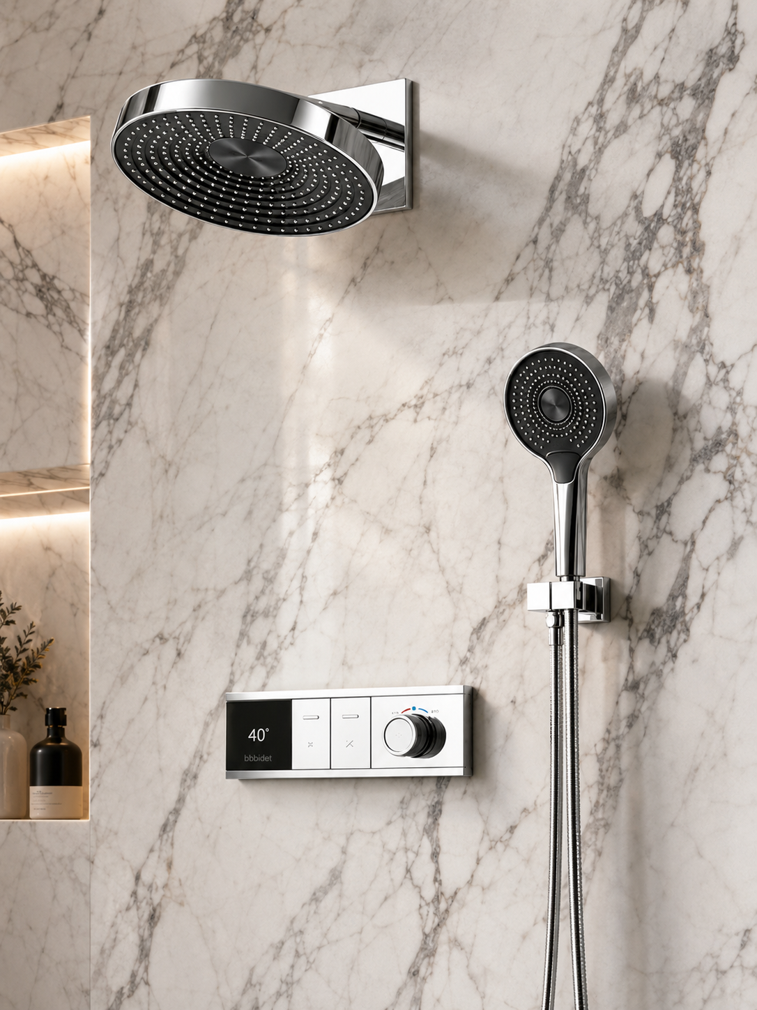BBbidet Concealed Shower System with Digital Temperature Display - All-Brass Embedded Thermostatic Rainfall Shower Set with 4-Mode Handheld