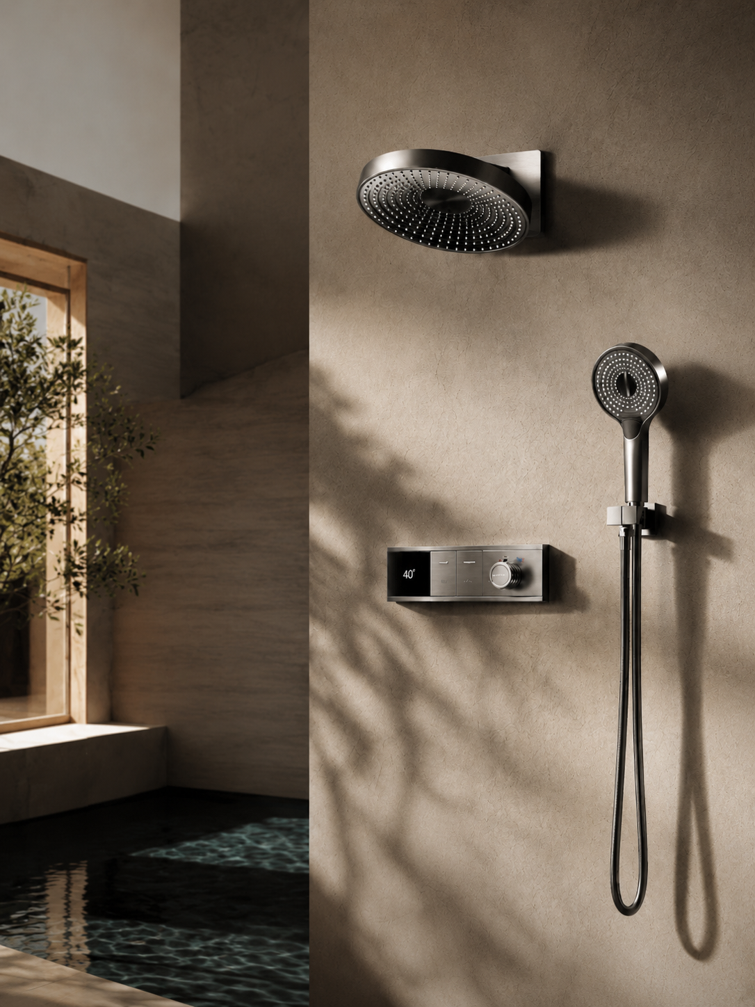 bbbidet Concealed Shower System with Digital Temperature Display - All-Brass Embedded Thermostatic Rainfall Shower Set with 4-Mode Handheld