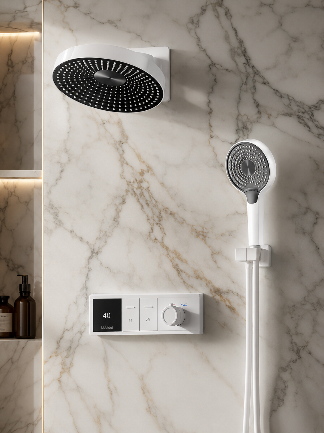 BBbidet Concealed Shower System with Digital Temperature Display - All-Brass Embedded Thermostatic Rainfall Shower Set with 4-Mode Handheld