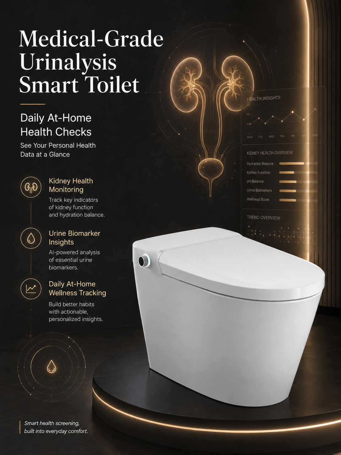 Smart bidet toilet with automated urine collection for kidney health monitoring, tracking uric acid, urine protein, and occult blood to screen for gout, nephritis, and kidney stones.