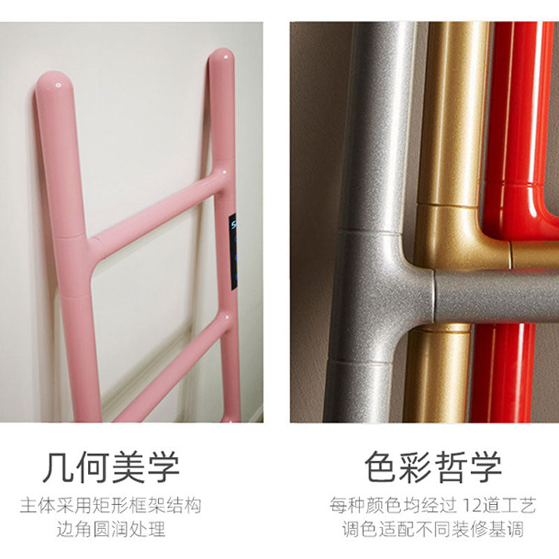 A side-by-side design detail infographic of an electric towel warmer, showcasing sleek rounded corners on a pink frame on the left, and a close-up of a multi-layer premium metallic finish in silver, gold, and red on the right.